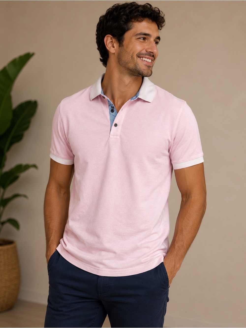 MANFINITY Men's Pink Contrast-Collar Polo Dress Shirt SMALL